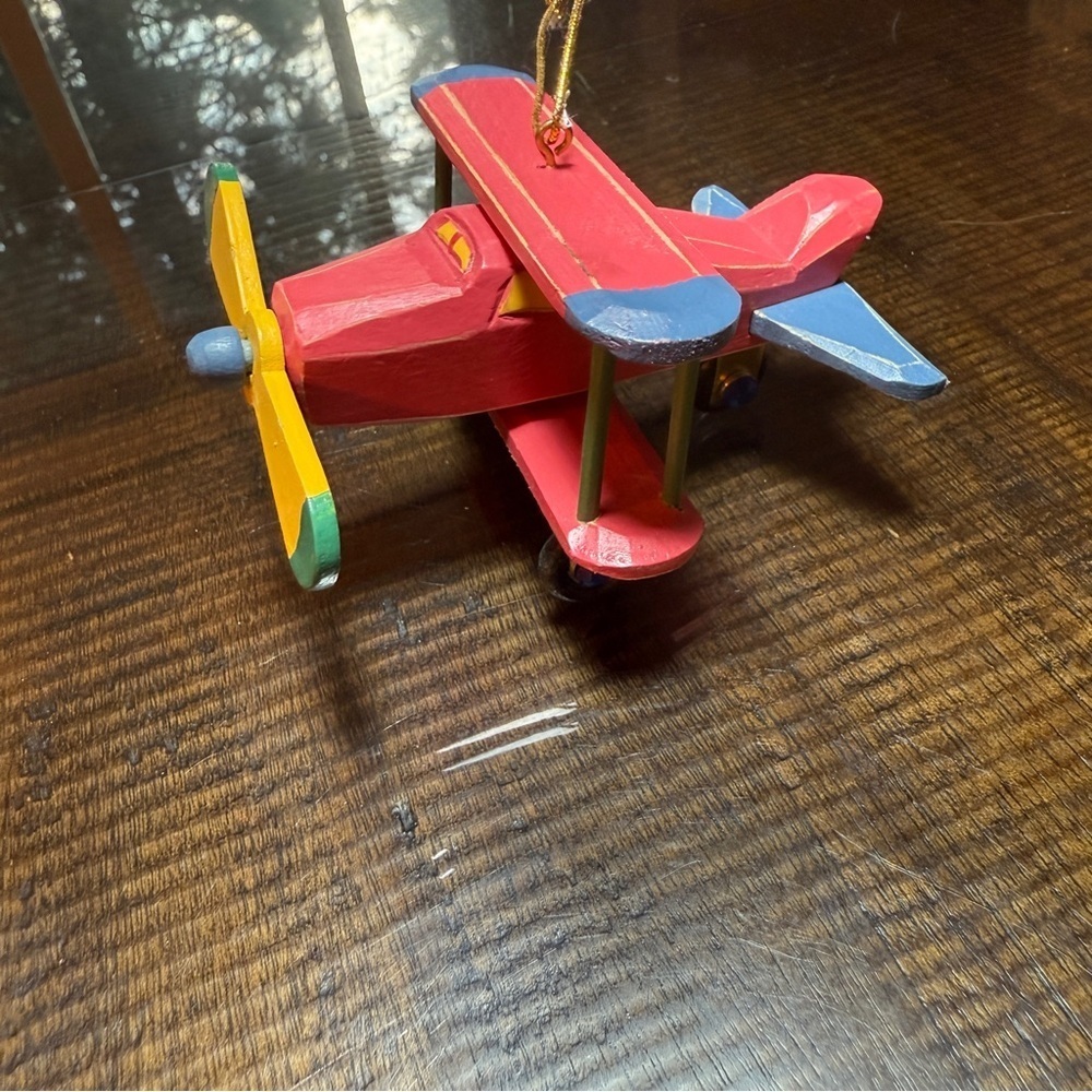 Pier 1 Imports Biplane Ornament Toy Airplane Christmas Tree Wood 2005 Vintage